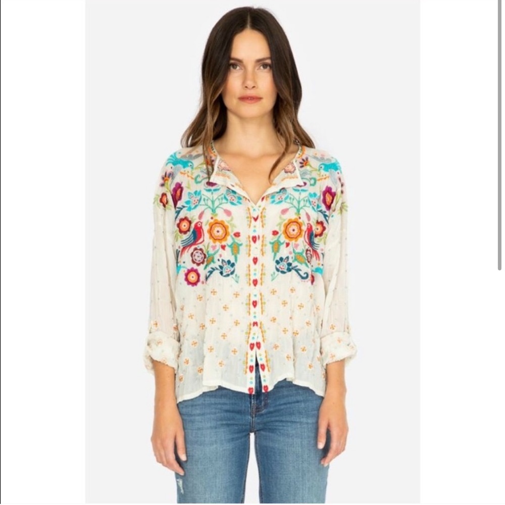 Johnny Was Brady Button Down White Embroidered Blouse
